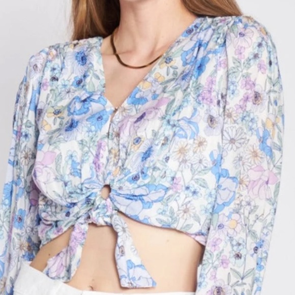 EN SAISON FLORAL BOHO TIE UP CROP TOP BLOUSE - Picture 1 of 14